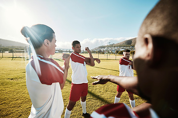 Image showing Soccer, team and stretching for fitness, game and wellness on a sport field together outdoor. Football men group with teamwork, support and collaboration during training or workout for sports match