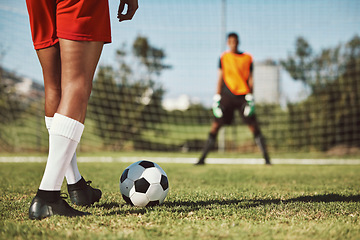 Image showing Sports, soccer field and legs of athlete with goalkeeper ready for penalty kick, game or competition for fitness health. Football player, ball or man prepare for outdoor workout, training or exercise