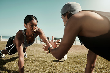 Image showing Fitness, workout and plank exercise of couple training cardio in a beach park together. Focus, motivation and teamwork or collaboration of a healthy sport athlete and trainer on grass in summer