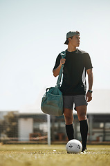 Image showing Thinking man, soccer ball or grass field for training, workout or exercise for Brazilian competition game. Football player, sports person or fitness match with kit bag, wellness ideas or vision goals