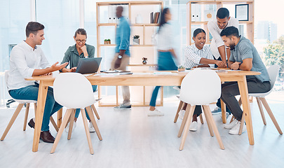 Image showing Busy, office and employees working in collaboration, meeting and talking about corporate work. Fast, professional and coworking business space for marketing team at a startup company with diversity