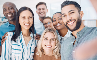 Image showing Selfie, smile and employees working at a corporate company together in an office at work. Face portrait of happy, excited and business workers with a photo during professional collaboration as a team