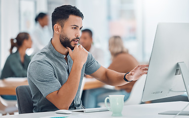 Image showing Startup, office and man at desk with computer working on creative project for marketing or advertising business. Businessman, graphic designer or software developer working on digital transformation.