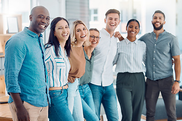 Image showing Corporate, happy and business people with smile while working together in an office at work. Portrait of diversity, motivation and comic employees in collaboration as a team at a marketing company