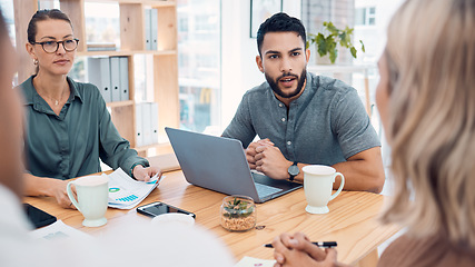 Image showing Meeting, teamwork and diversity, creative startup workers with laptop and performance or productivity report. CEO man and team listening to woman pitch strategy on business project proposal in office