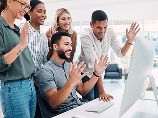 Image showing Video conference, business and employees with wave while talking on a computer together at work. Happy, corporate and young group of marketing employees greeting on a webinar on a pc in an office