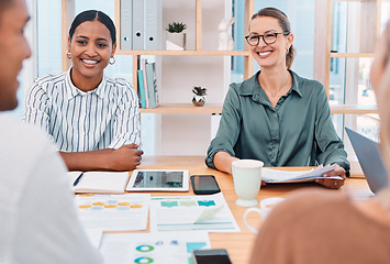 Image showing Digital marketing, team and business people in meeting planning a creative sales growth and branding strategy. Smile, global and happy workers talking about innovation, goals and our vision ideas