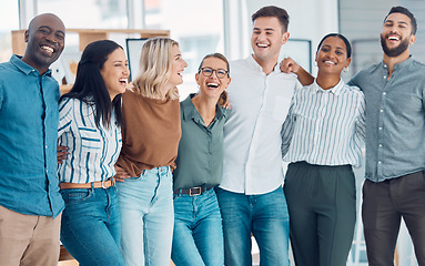 Image showing Teamwork, friends and funny with business people laughing together in their office at work. Collaboration, happy and success with a man and woman employee group joking while working as a team