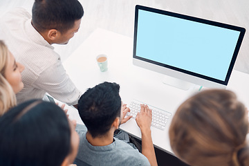 Image showing Creative marketing, collaboration and teamwork on computer green screen mockup of advertising design agency employees. Startup business, staff brainstorm idea and online project UI or ux development