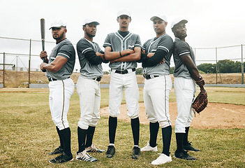 Image showing Baseball, team and sports with a man athlete group standing together on a field or grass pitch together. Teamwork, uniform and sport with a male player and friends ready for a game or match outdoor