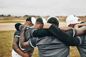 Image showing Baseball people and sport team strategy in huddle at game on field for motivational support. Professional men athlete softball group prepare to play outdoor tournament in teamwork collaboration talk