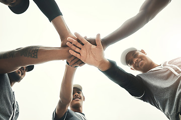 Image showing Below, hands and stack for sport, man and baseball with motivation, teamwork and smile together. Softball, circle and hand for sport, fitness and fun with happy, team and goal outdoor before game