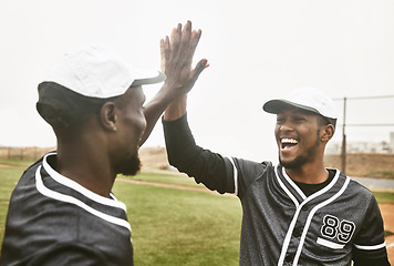 Image showing Baseball, high five or teamwork with black men training, workout and fitness sports activity on game field together. Motivation, success and support with friends in sport celebration or partnership