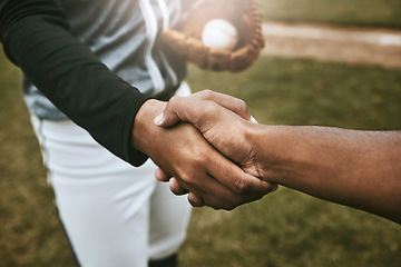 Image showing Baseball players handshake before game at baseball field for good luck, agreement and support. Sports, fitness and athletes shaking hands to show unity, well wishes and hope for success during match