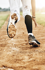 Image showing Sports, running and shoes of baseball player on field training for competition, health and fitness game. Workout, exercise and dirt with athlete in competition for winning, homerun or achievement