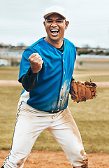 Image showing Man, baseball player or cheering success fitness game, training or workout on grass field or Mexico pitch. Smile, happy or excited sports athlete with winner fist, energy goals or softball motivation