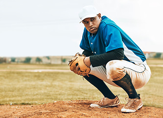 Image showing Baseball field, man and sports athlete focus on game, competition or fitness exercise for health, workout or training. Motivation, match cardio and pitcher ready for start, wellness or practice match