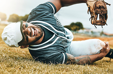 Image showing Baseball player, sports injury and knee pain with athlete man on grass pitch for leg osteoporosis and fibromyalgia. Health, injured and male with orthopedic or arthritis problem at sport match