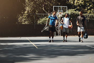 Image showing Diversity, friends and sports on basketball court, training fitness exercise in New York and happy team talking. Healthy lifestyle club, group walking together and motivation for fun competition game