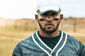 Image showing Baseball, man and paint face portrait, eye black or grease to reduce sun glare during training, competition or exercise. Fitness, workout and male from India with face paint for practice outdoors.