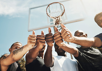 Image showing Basketball court, sports men and thumbs up success in fitness workout motivation, training trust and exercise community support. Low angle, friends and players with winner goals or vote hand gesture