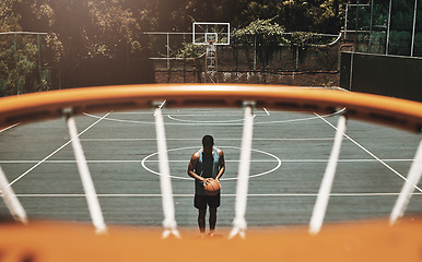 Image showing Above, net and basketball man with aim in training, practice or exercise for healthy sports on court. Black man, basketball player and basketball court for shooting in workout, fitness and health