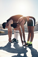 Image showing Stretching, fitness couple or outdoor personal trainer runner friends on lens flare, summer blue sky mock up for workout motivation. Sports coaching, flexibility and exercise warmup training people