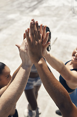 Image showing Hands, high five and collaboration with a friends group standing together in solidarity or unity from above. Team, support and motivation with people in a huddle or circle for partnership and trust