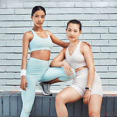 Image showing Fitness, portrait and women training in the city for motivation, body goal and collaboration together. Young athlete friends doing an outdoor cardio, exercise and workout for a healthy lifestyle
