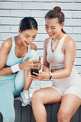 Image showing Friends, fitness and phone with laughing women on internet sharing funny comic app on social media. Female runner and athlete with smartphone on training, cardio workout and exercise break outdoor