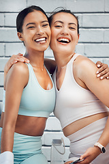 Image showing Healthy, exercise and friends smile after a workout or yoga training outdoor. Portrait of happy women smile, hug and laugh with cardio and fitness, excited and active at health and wellness club