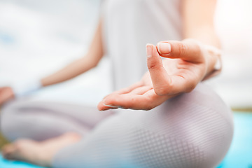 Image showing Woman, hands and meditation in relax for yoga, zen and spiritual wellness for mind and body in the outdoors. Hand of female meditating, relaxing and calm exercise for mental health and wellbeing