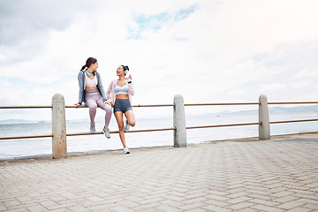 Image showing Exercise, women and friends outdoor after training, workout and fitness for health, happy and relax together. Female trainers, girls and athlete being healthy, doing cardio and sportswear or resting