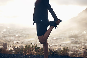 Image showing Fitness, mountain and legs stretching on runner trail for exercise preparation and body warm up. Running, cardio and wellness woman getting ready for outdoor workout with muscle stretch.