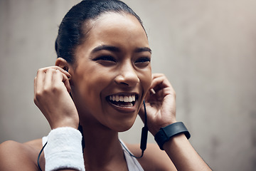 Image showing Music, happy woman and city fitness exercise training with online audio motivation speaker. African girl, smiling and listen to modern lifestyle sport coach during cardio workout outdoors