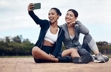 Image showing Selfie, women and friends outdoor for training, exercise and fitness for health, workout and wellness. Female trainers, healthy girls or with smartphone outside warm up, smile or relax in sportswear
