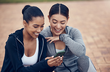 Image showing Exercise, phone and social media with sports friends posting their workout routine online or tracking progress with an app. Fitness, training and internet with a female athlete and friend outdoor