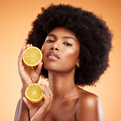 Image showing Skincare, lemon and face of black woman with beauty diet or wellness with nutrition, vitamin c and health. Portrait of afro model with fruit and healthy, makeup and fresh self care skin cosmetic