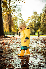 Image showing Small bond infant boy wearing yellow rubber boots and yellow waterproof raincoat walking in puddles on a overcast rainy day. Child in the rain.