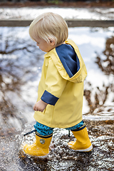 Image showing Small bond infant boy wearing yellow rubber boots and yellow waterproof raincoat walking in puddles on a overcast rainy day. Child in the rain.