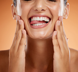 Image showing Woman, teeth and smile for dental, care and clean hygiene in health isolated against a studio background. Closeup of happy toothy woman smiling in beauty for hygienic mouth, oral and gum treatment