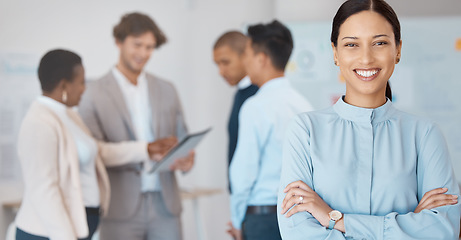 Image showing Business woman, corporate worker and portrait smile of new job opportunity in startup company. Happy young employee, arms crossed or pride of vision, success and motivation in professional law office