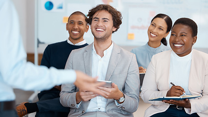 Image showing Business people, listening and smile for workshop training in marketing, sales and corporate strategy at the office. Diverse employee team in conference coaching and smiling for learning at workplace
