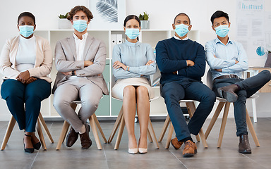 Image showing Covid business people, waiting room and office for recruitment, corporate job interview and hr opportunity in agency. Portrait diversity professional group queue on chairs, face mask and corona risk