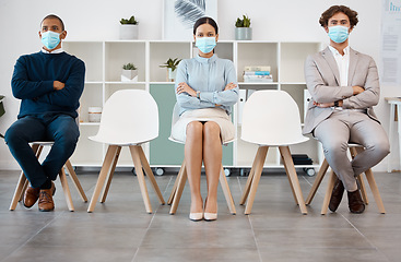 Image showing Covid regulations and recruitment chair row with responsible candidate group with social distancing. Interview, pandemic and hiring in corporate company with virus protocol for employee safety.