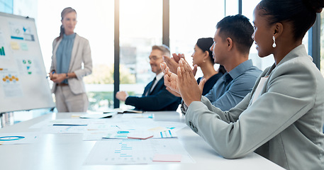 Image showing Presentation, business meeting or team applause for success marketing, advertising or KPI financial company growth. Teamwork, motivation or coaching mentor for data analysis or target goal in office.