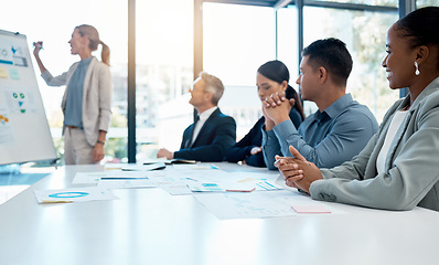 Image showing Business people, leader and collaboration, brainstorming and meeting for business strategy, whiteboard and planning. Diversity, staff working together and corporate data, analysis and presentation.