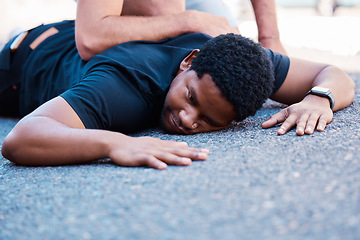 Image showing Crime, law or police arrest black man on the ground, floor or asphalt street road for stealing, justice or stop criminal violence. Legal problem, racism and police officer or security with blm person