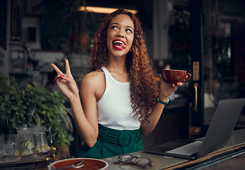 Image showing Coffee shop, peace sign of woman entrepreneur with laptop working on social media marketing, advertising or remote work. Gen z girl at Internet cafe for website blog, copywriting or restaurant review