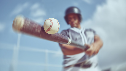 Image showing Baseball, baseball player and bat ball swing at a baseball field during training, fitness and game practice. Softball, swinging and power hit with athletic guy focus on speed, performance and pitch